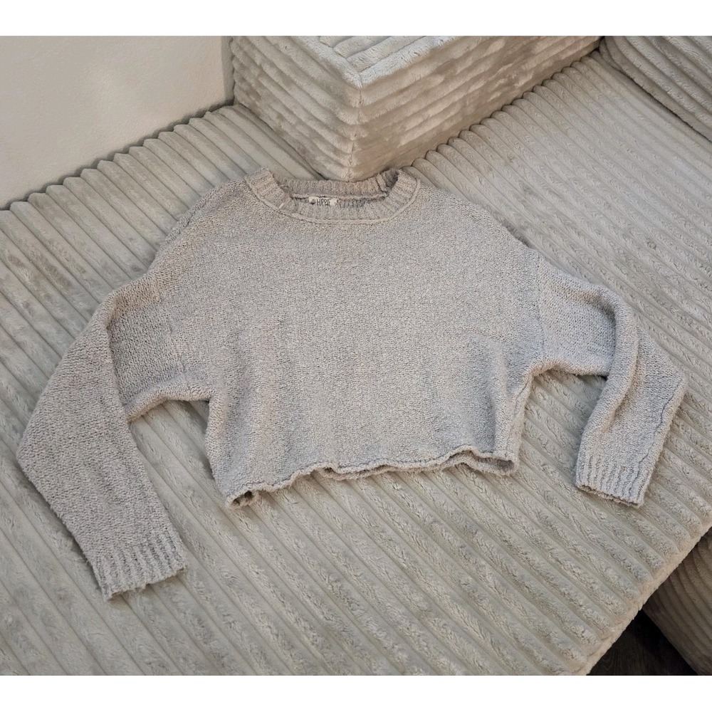 Hippie Rose Soft Chenille Knit Cropped Sweater Gray Cream S Drop Shoulder Boxy